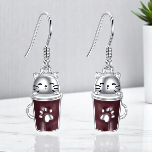 Cat Coffee Cup Earrings – Kawaii Teacup Paw Print Dangle Jewelry, New - Picture 5 of 12